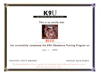 K9U training certificate for Rick Rubin's dog Blue