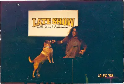 Steve Brooks with dog on the Late Show with David Letterman